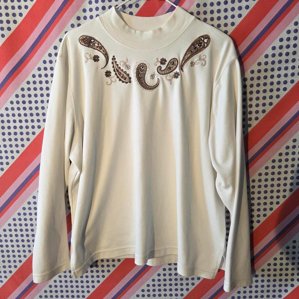 BonWorth Cream Long Sleeve Shirt Paisley Embroidery Cottagecore Women Large